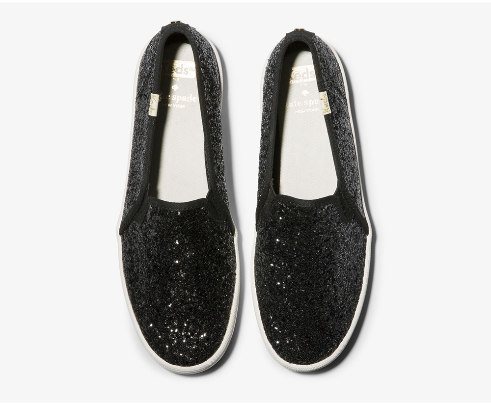 Slip On Γυναικεια - Keds Kate Spade New York Double Decker Glitter - Μαυρα - FEKCD5782